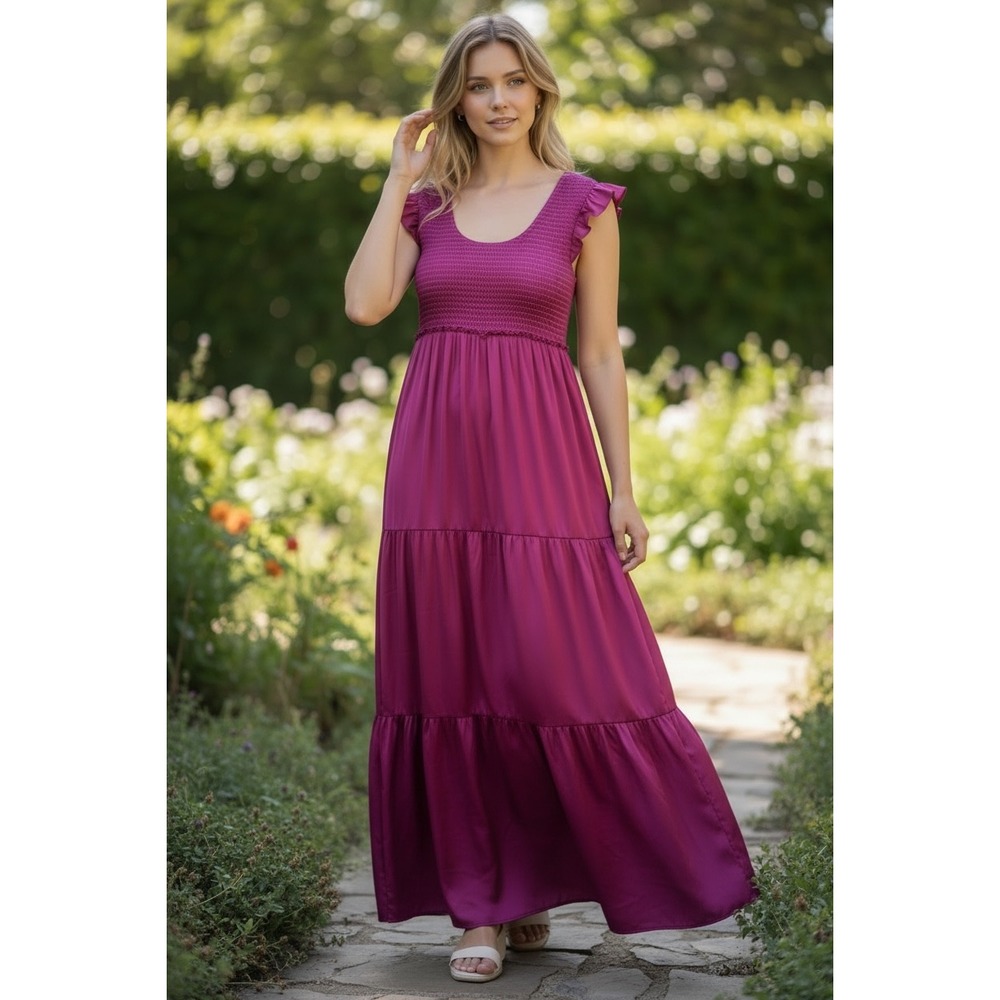 Natural Life Smocked Satin Flutter Sleeve Tiered Maxi Dress boho‎ Magenta S